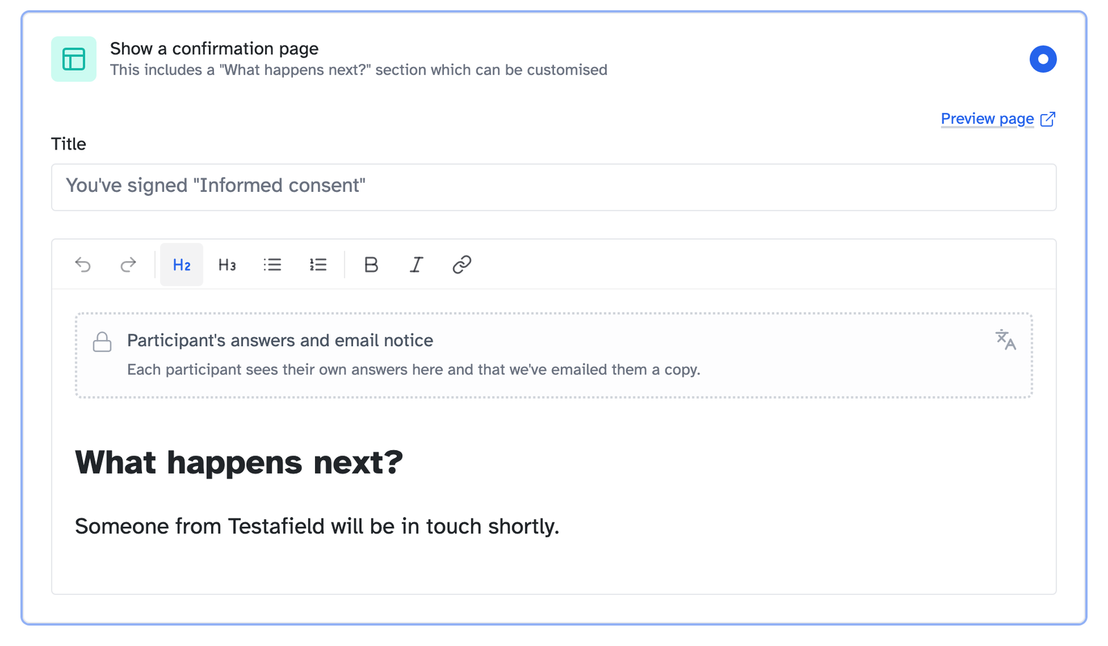 The confirmation page editor for Agreed and signed, with a locked block for the participant's answers and email notice above the researcher's What happens next? section