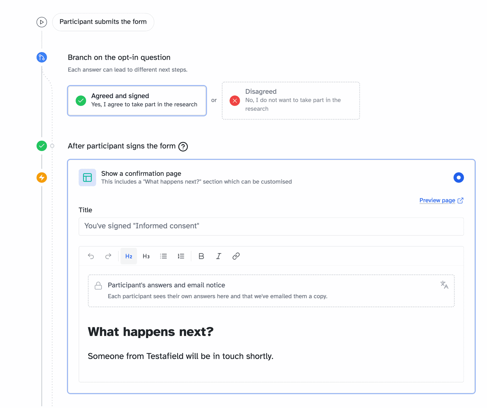 The Workflows tab of a consent form switching between Agreed and signed and Disagreed. Each route has its own confirmation page, written in the same editor