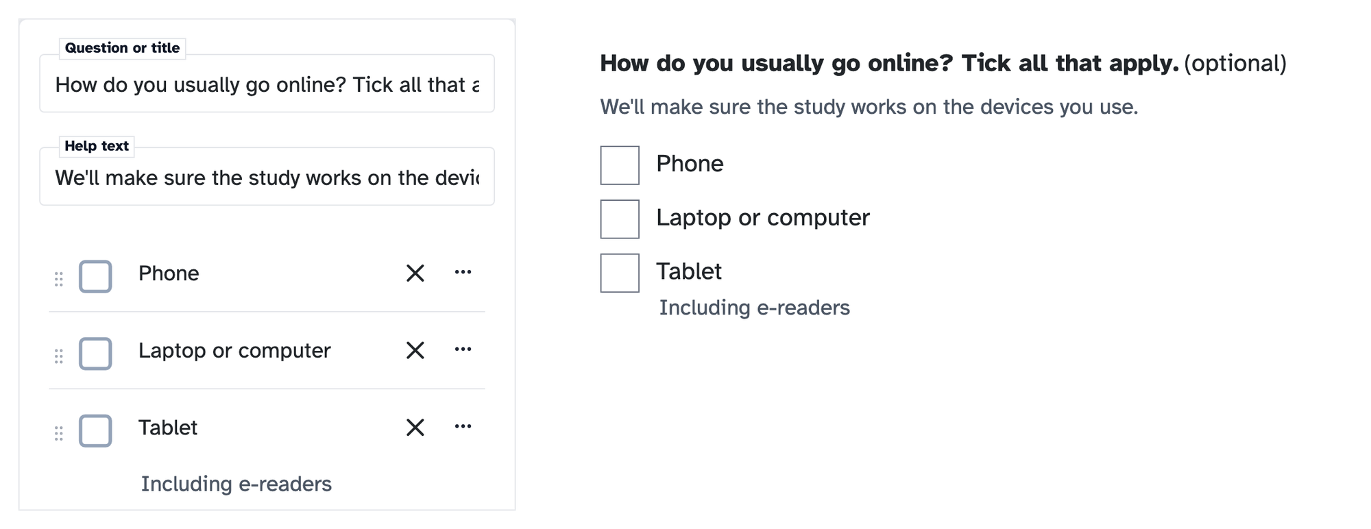 On the left, a question in the form builder with its Help text filled in and "Including e-readers" under Tablet. On the right, the same question as people see it