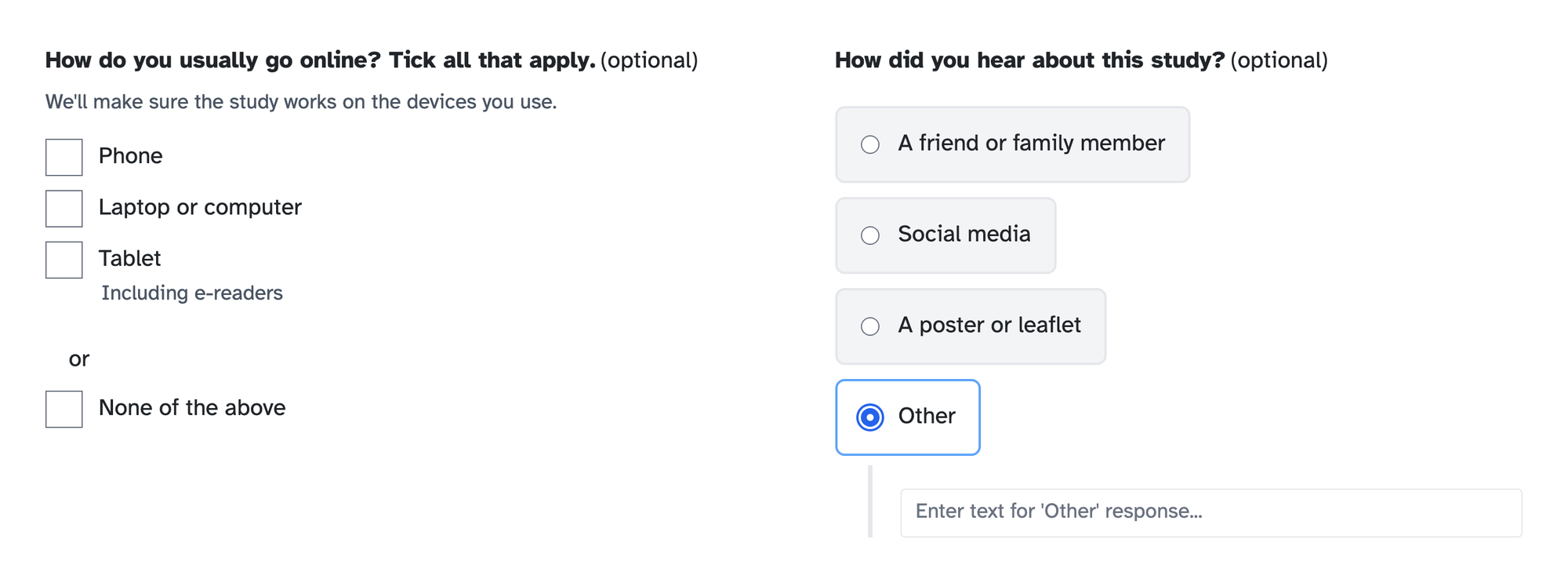 Two questions as people see them. A checkbox question with Phone, Laptop or computer and Tablet, then "or" and None of the above. A single choice question with Other picked and a box to type their answer
