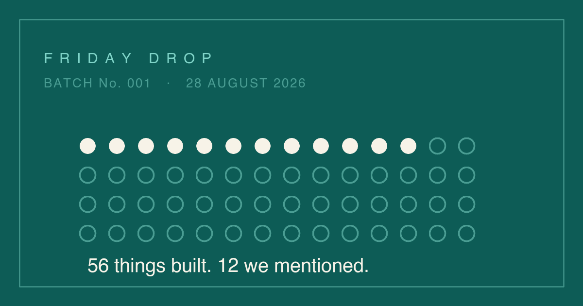 Friday Drop, batch number 001. Fifty six dots, twelve of them filled in, showing the twelve updates we published against the fifty six new things we built