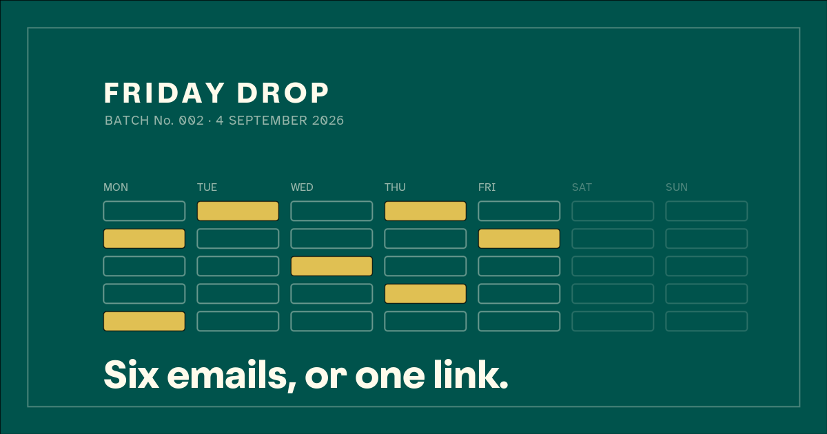 Friday Drop, batch number 002. A stylised week calendar, Monday to Sunday, with seven slots filled in across the working week and the weekend left empty. Underneath: six emails, or one link