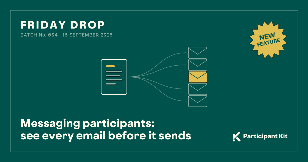 Friday Drop, batch number 004. A single message fans out to a column of five envelopes, one of them filled in gold. Underneath: Messaging participants, see every email before it sends