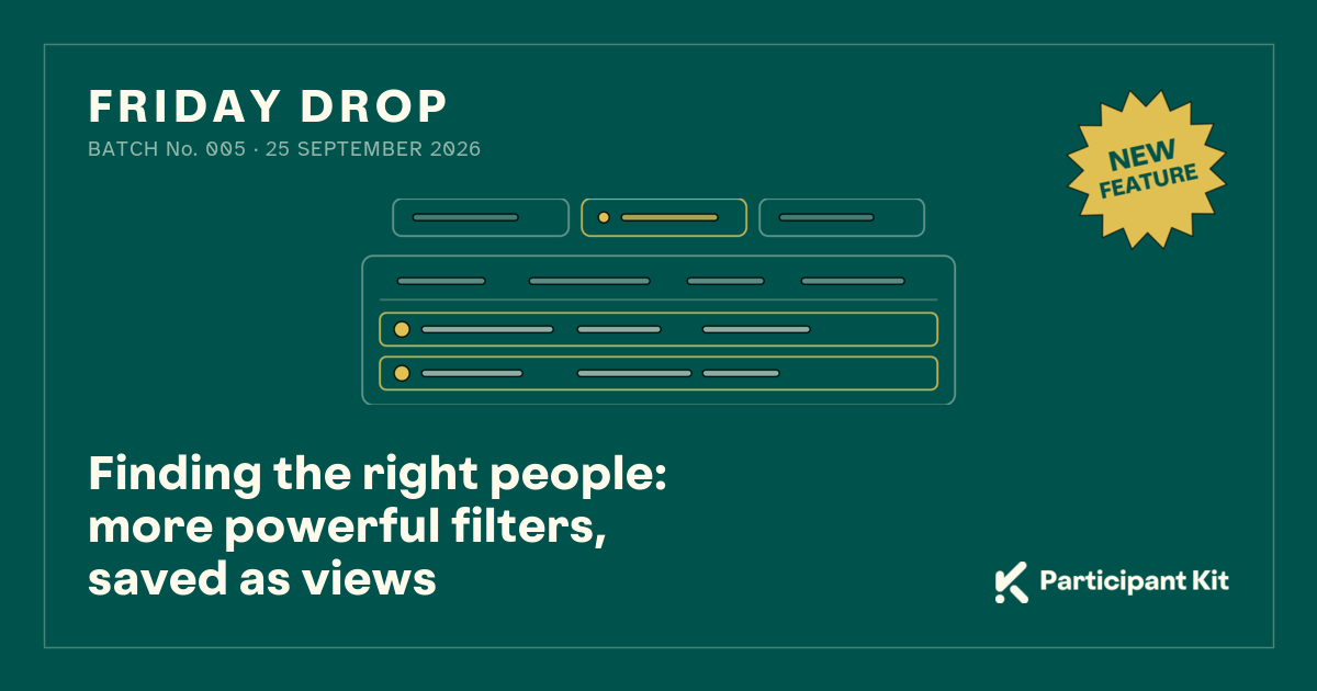 Friday Drop, batch number 005. Three tabs above a table, the middle one picked out in gold, with two of the table's rows in gold beneath it. Underneath: Finding the right people, more powerful filters, saved as views