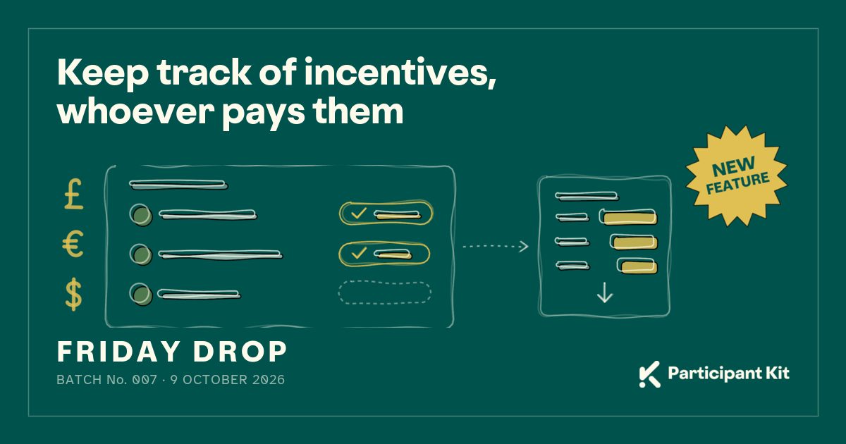 Keep track of incentives, whoever pays them, with a New feature badge. Below it, pound, euro and dollar signs beside a study list where two people have an amount recorded in gold and one is still empty, with a dotted arrow to a report showing a total for each currency and an export arrow. Friday Drop, batch number 007