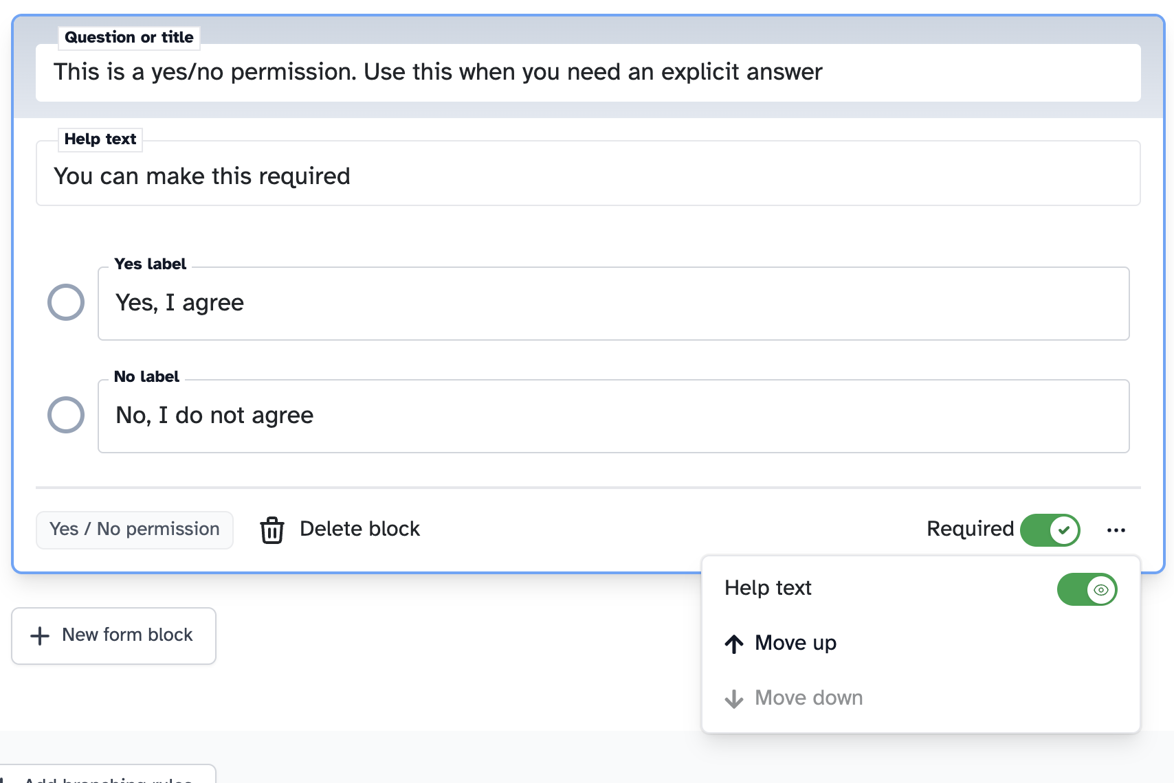 Help text field on a yes/no permission question