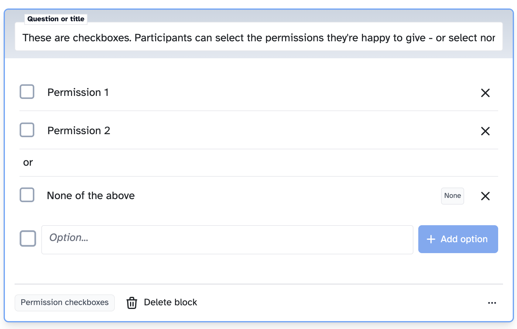 Checkbox question with "None of the above" option