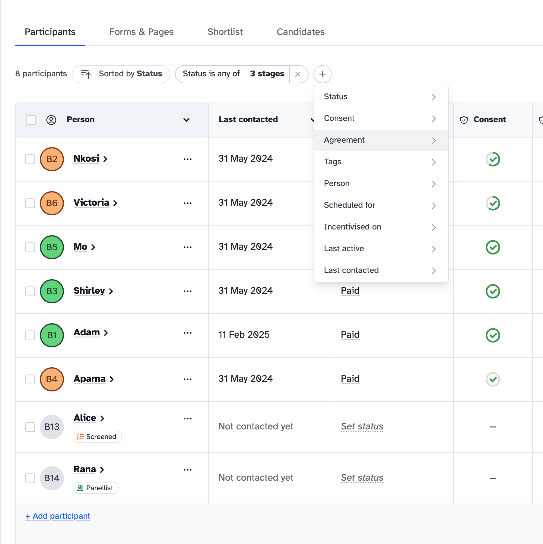 Participant filters, timestamps and indicators in action
