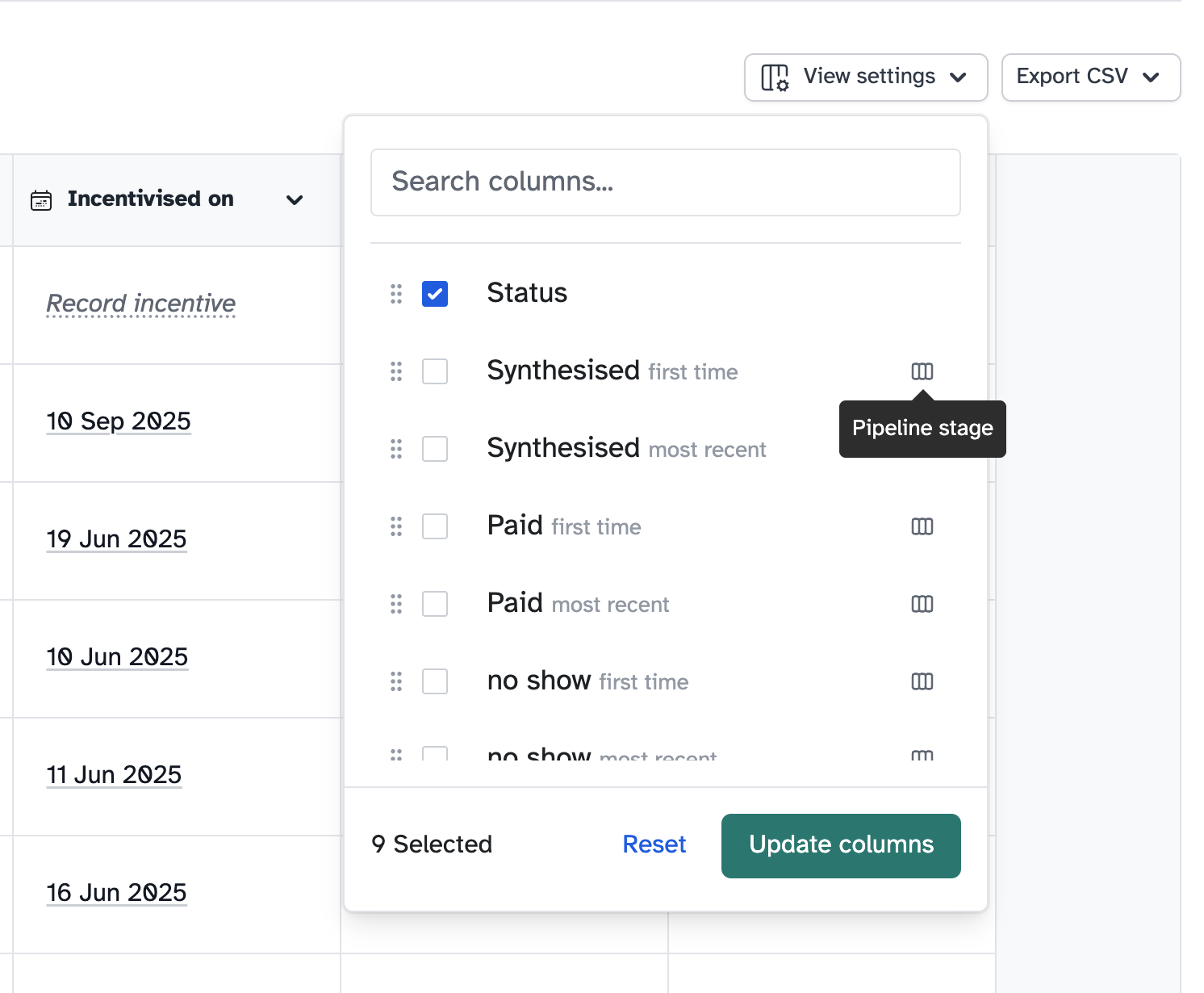 Pipeline timestamp columns