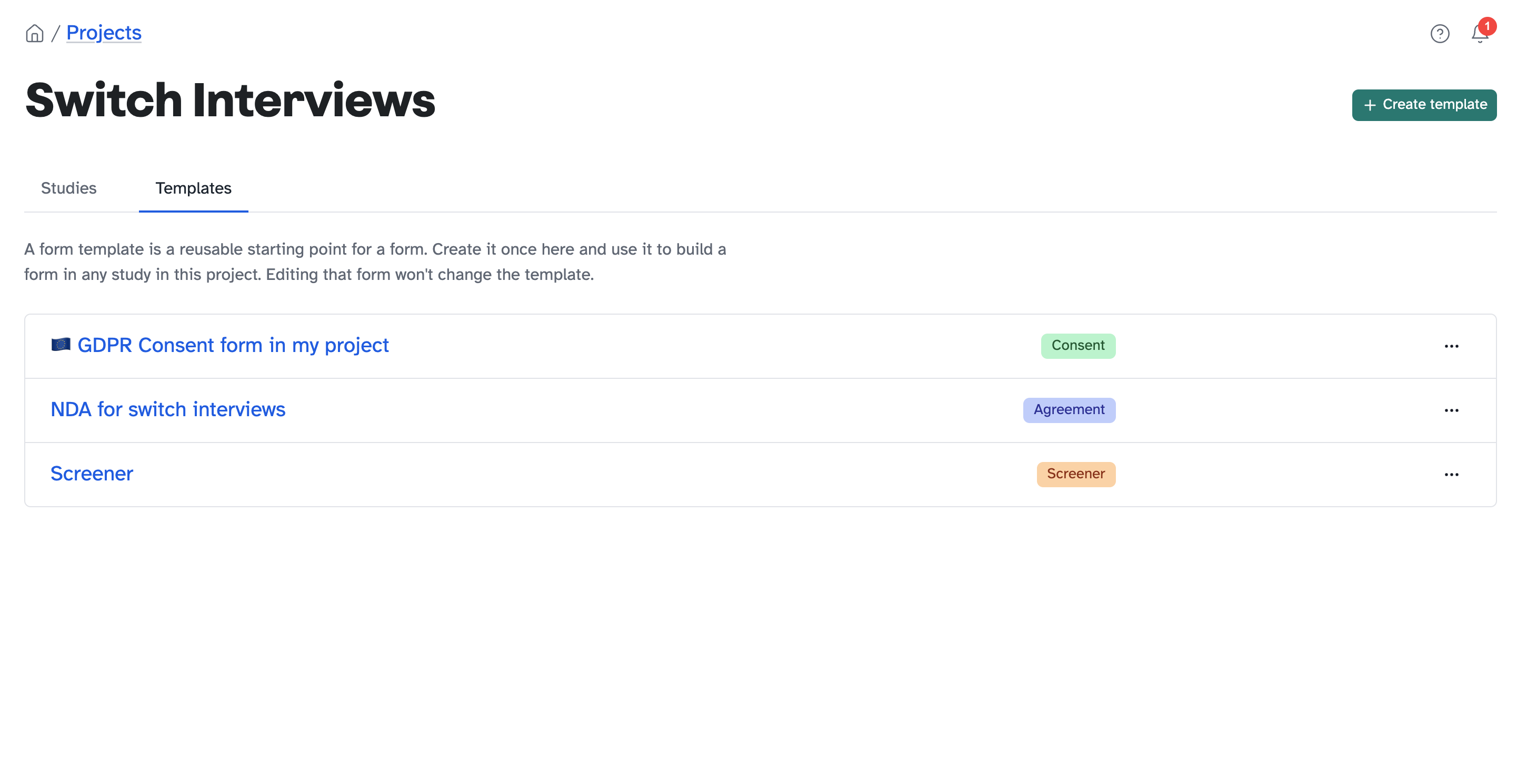 The Templates tab inside a project, showing project-level consent, NDA and screener templates