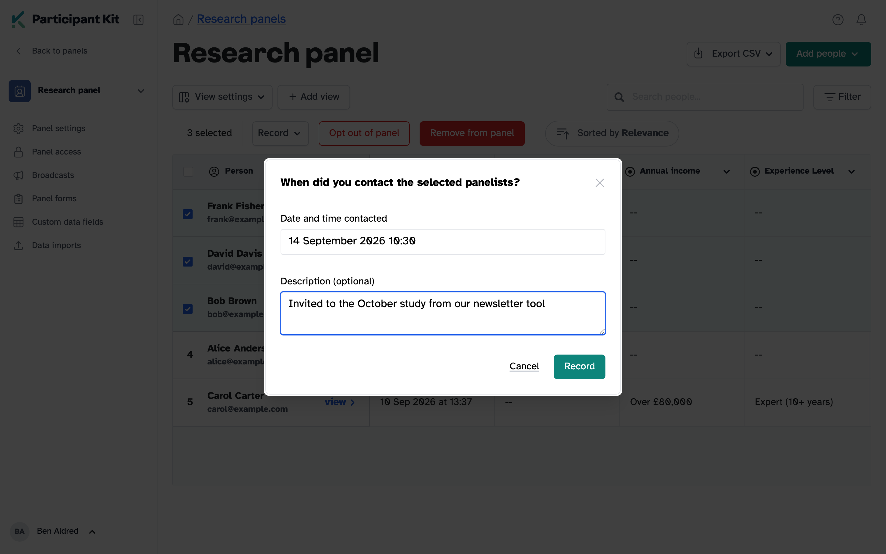 The External contact dialog, with a date and time and a description filled in