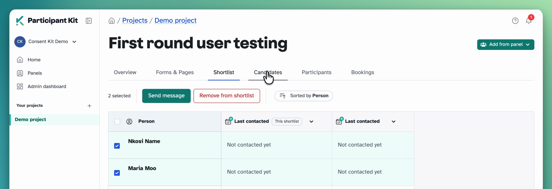 The Shortlist tab on a study, two people selected, with Send message and Remove from shortlist buttons