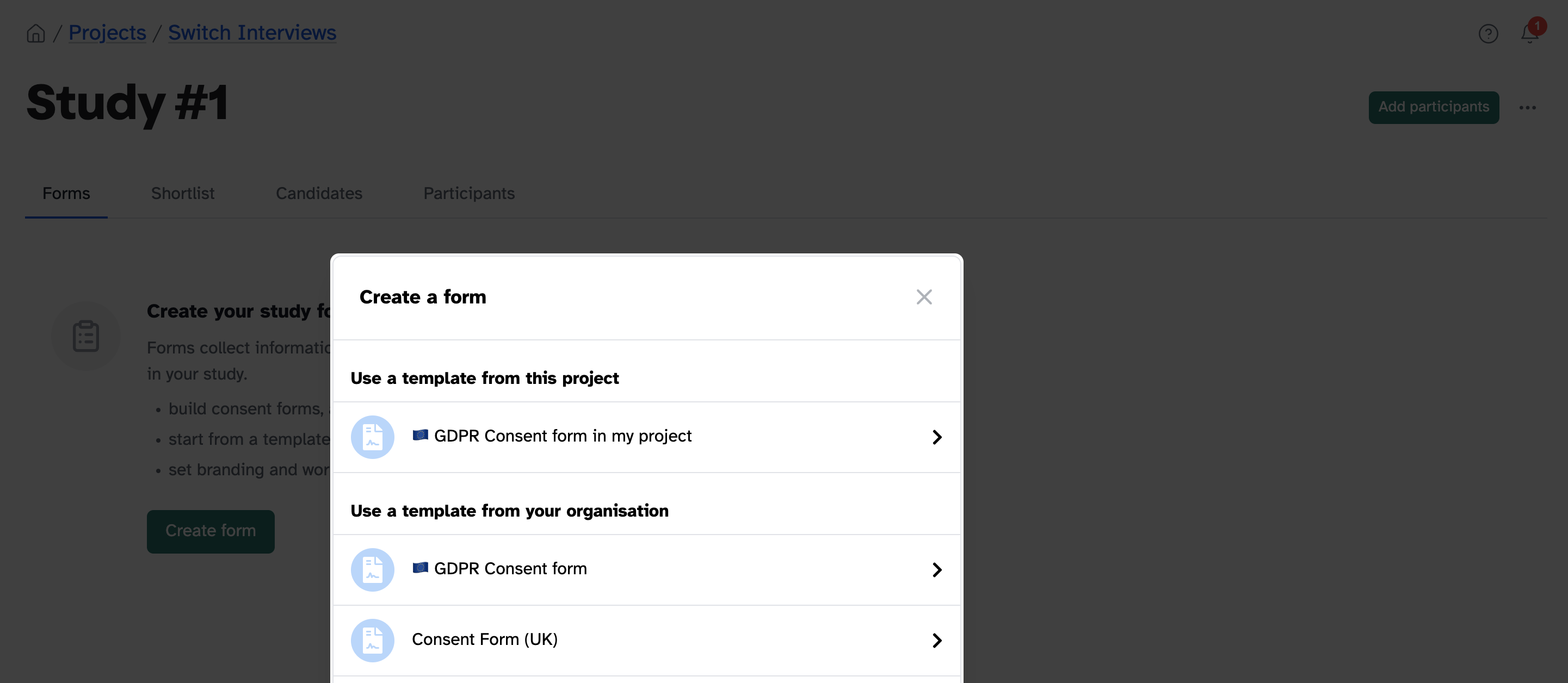 The Create a form modal, with templates grouped into "from this project" and "from your organisation"
